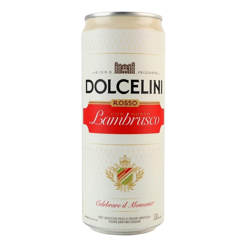 Сидр солодкий шипучий міцний Rosso Con Gusto Lambrusko ж/б Dolcelini, 0.33 л