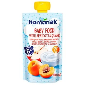 Пюре для дітей від 6 місяців фруктове Яблуко-Абрикос-Сир Hamanek, 120 г
