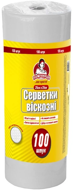 Серветки віскозні в рулоні білі, 25*25см Помічниця, 100 шт