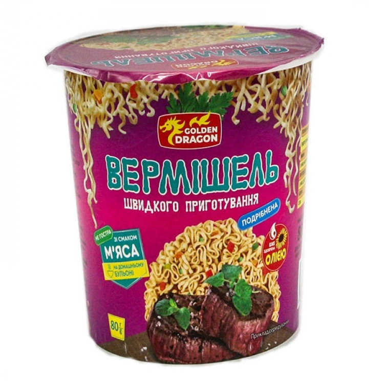 Вермішель швидкого приготування не гостра зі смаком м&#039;яса стакан Golden Dragon, 80 г