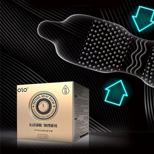 Латексні тонкі текстуровані презервативи з пролонгуючою змазкою OLO  PHYSICAL DELAY SLEEVE, 10 шт