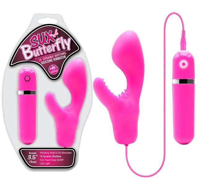 Вібростимулятор G-точки з кліторальним відростком Sux Butterfly Pink Vibrator з пультом ДУ.