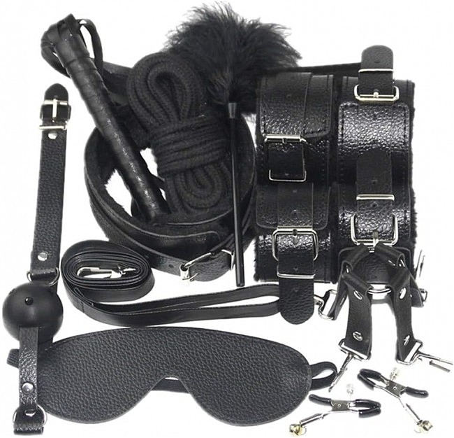 Бандажний набір для BDSM-сесій JSY KB80608 Black, 10 предметів, штучна шкіра та хутро