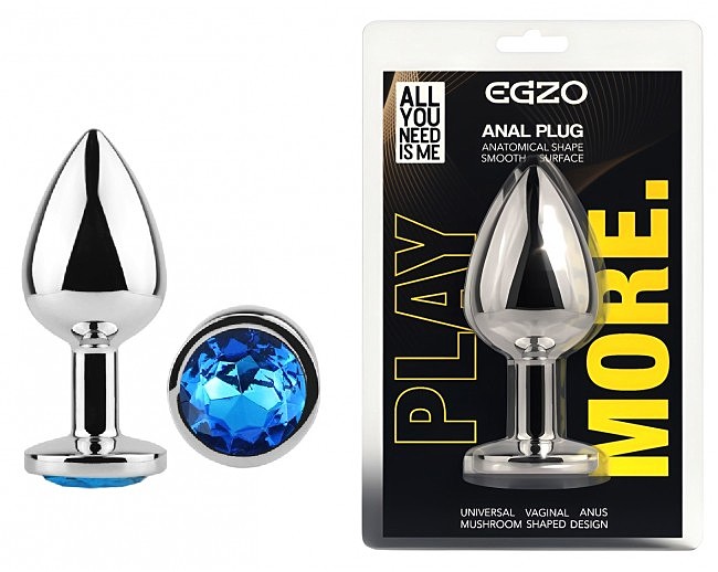 Анальна пробка з синім кристалом EGZO Silver Round Plug розмір S, 7 х 2,8 см (прозорий)