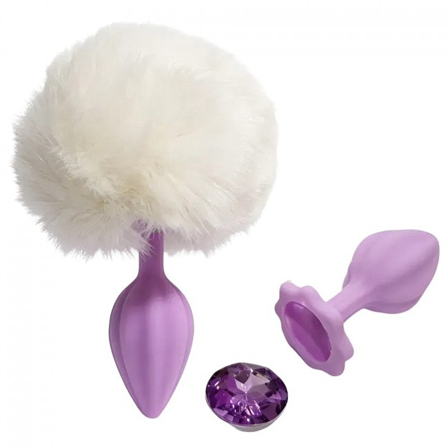 Анальна пробка рельєфна ALUME з білим хутром та змінним ліловим каменем, 7 х 2,8 см