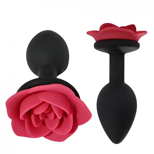 Анальна пробка силіконова ALUME чорна з червоною трояндою, 8 х 2,8 см