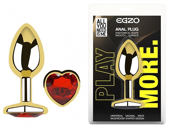 Анальна пробка з кристалом EGZO Gold Heart Plug Red size M, кристал-сердечко, 8,2 х 3,4 см