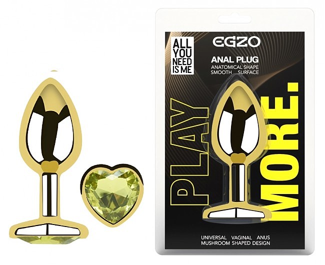 Золотиста анальна пробка EGZO Gold Heart Plug Lime розмір S, кристал-серце, 7 х 2,8 см