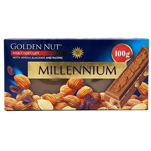 Шоколад Millennium 100г gold молочний  цілий мигдаль родзинки Акція