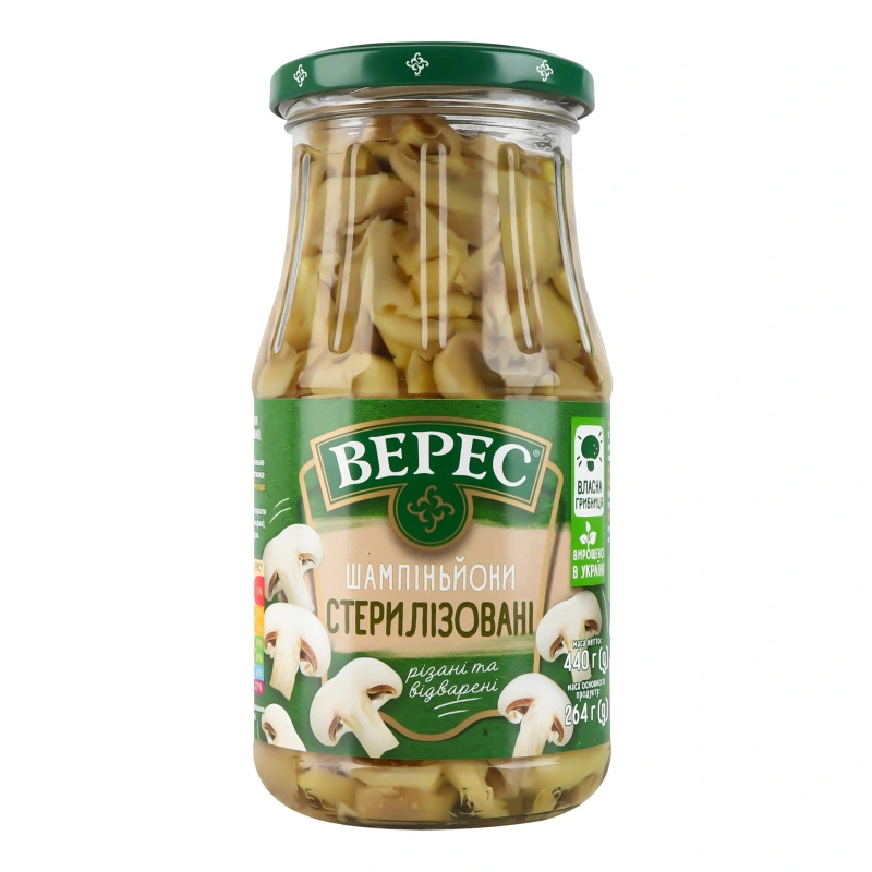 Шампіньйони стерилізовані різані та відварені Верес с/б 440г