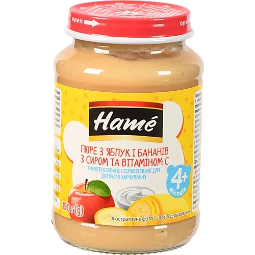 Пюре для дітей від 4міс Яблуко та банан з сиром Hame с/б 190г