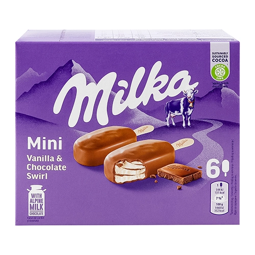 Морозиво ванільне з додаванням молочного шоколаду покрите молочним шоколадом Milka к/у 222г