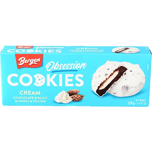Печиво Bergen Cookies 128г шоколадне з ванільною начинкою