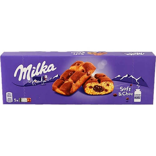 Тістечко бісквітне з шоколадною начинкою і шматочками молочного шоколада Soft&Choc Milka к/у 5х35г