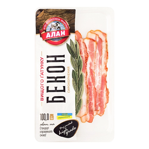 Бекон Алан сирокопчений, вищий гатунок, нарізка, 100 г