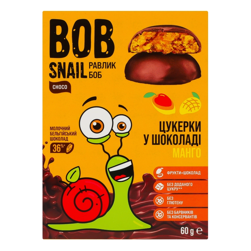 Цукерки у молочному шоколаді Mango Bob Snail к/у 60г