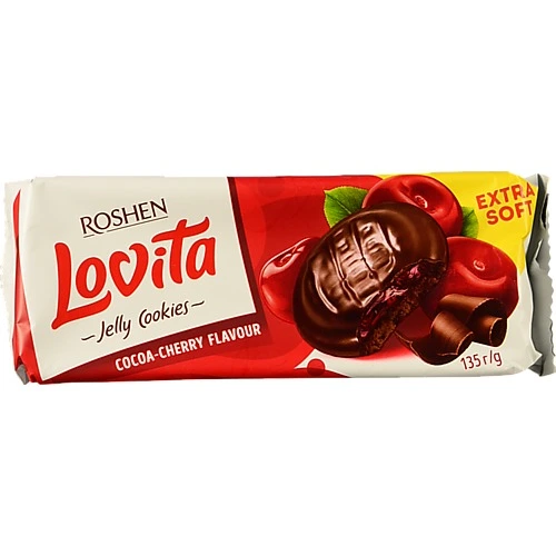 Печиво здобне з желейною начинкою Cocoa-cherry Lovita Jelly Cookies Roshen м/у 135г