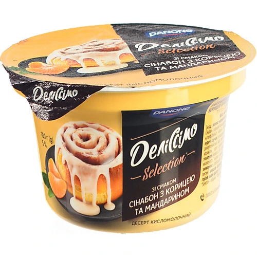 Десерт кисломолочний 5% з наповнювачем Зі смаком сінабон з корицею та мандарином Деліссімо Selection Danone ст 180г