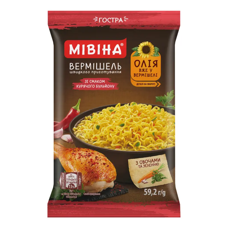 Вермішель швидкого приготування зі смаком курячого бульйону гостра Мівіна м/у 59.2г