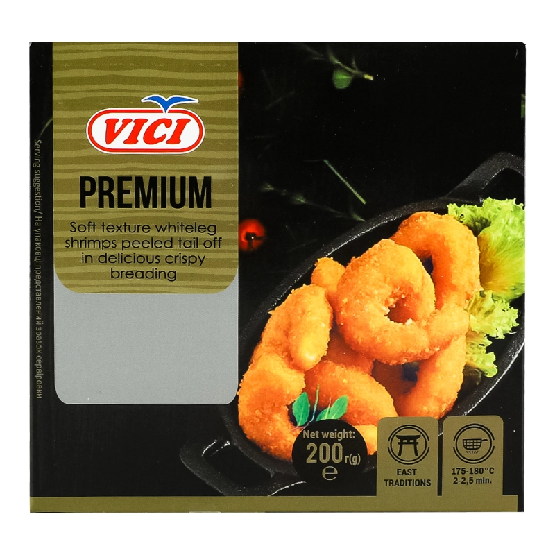 Креветки заморожені білоногі очищені в паніровці Premium Vici к/у 200г