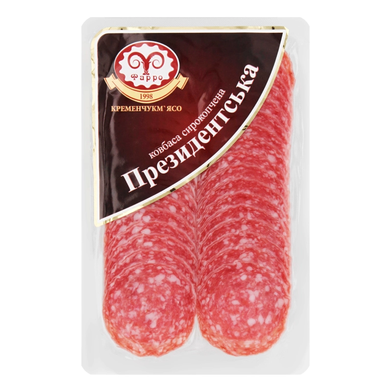 Ковбаса [Фарроk [Президентськаk нарізна, сирокопчена, вищий ґатунок, 80 г, вакуумна упаковка