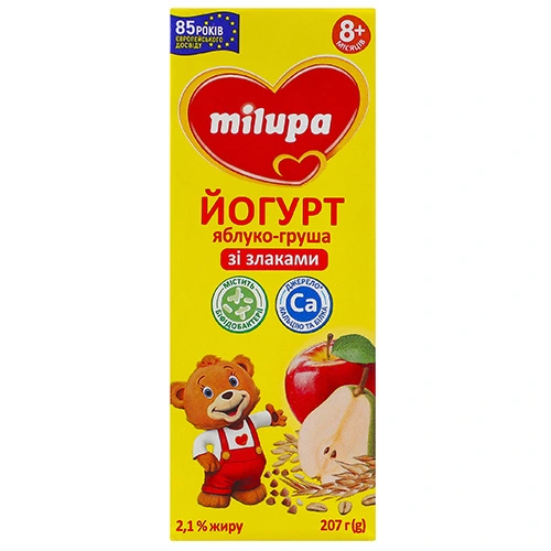 Йогурт Мілупа 207г 2.1% яблуко груша злаки п.п