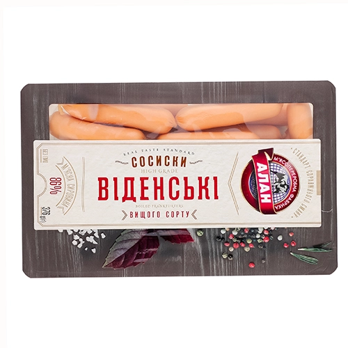 Сосиски [Аланk [Віденськіk варені, необгорнуті, вищого ґатунку, порційні