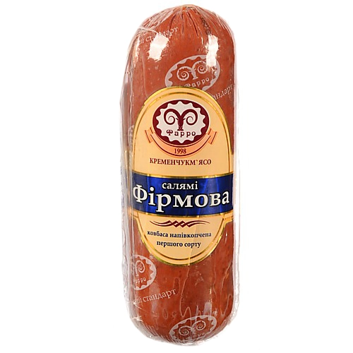 Ковбаса [Салямі Фірмоваk Фарро, напівкопчена, перший ґатунок, вакуумна упаковка, модель батона