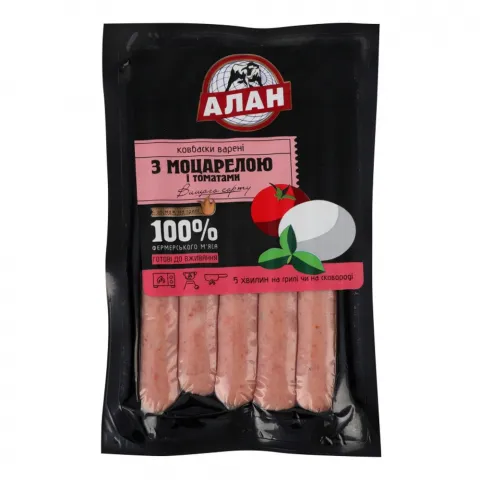 Ковбаски Алан з Моцарелою та томатами 200 г в/ґ