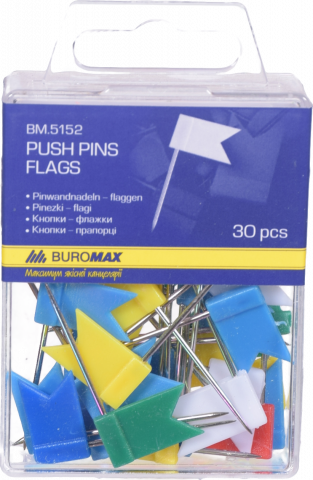 Кнопки-цвяшки BuroMax 30 шт. кольор. прапорці пласт. контейнер BM.5152