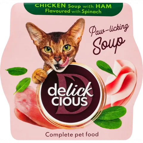 Корм д/котів Delickcious 80 г суп з курки з шинкою та додаванням шпинату