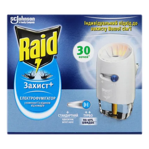 Електрофумігатор Raid Захист+ з рідиною проти комарів 30 ночей i регулятором інтенсивності