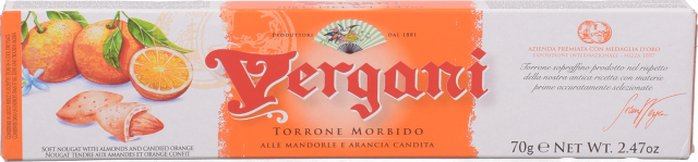 Нуга м`яка Vergani батончик 70 г з мигдалем та цукатами лимона/апельсина (Італія)