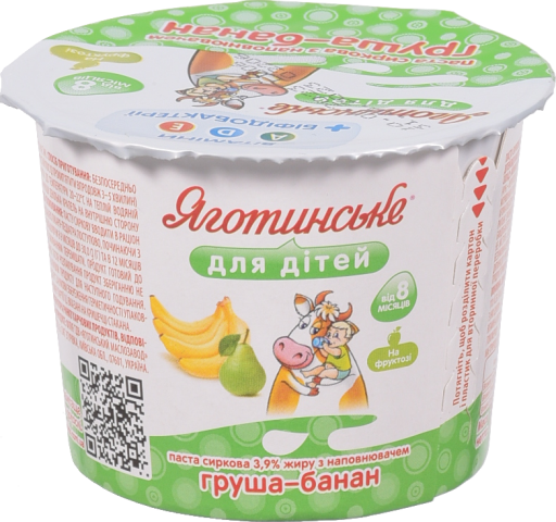 Паста сиркова Яготинське для дітей 3,9 90/100 г стак. груша-банан