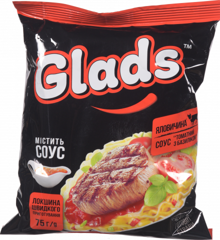 Макарони Glads 75 г зі смаком яловичини та соусом Томатний з базиліком