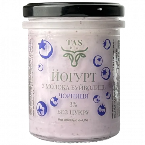 Йогурт TASbio 3 180 г скл. з молока буйволиць Чорниця