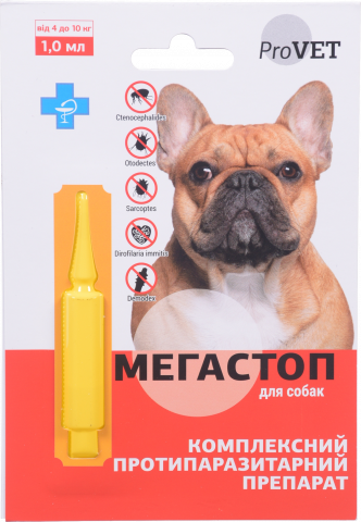 Каплі д/собак від блох та кліщів Мега Стоп ProVET 1 мл 4-10 кг
