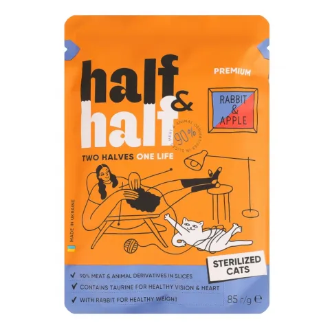 Корм д/стереліз. котів HalfHalf 85 г крол. та ябл. в желе