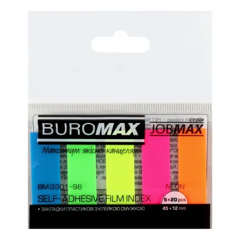 Закладки пласт. з клейким шаром NEON 45x12 мм 5х20 арк. Jobmax асорті BM.2301-98