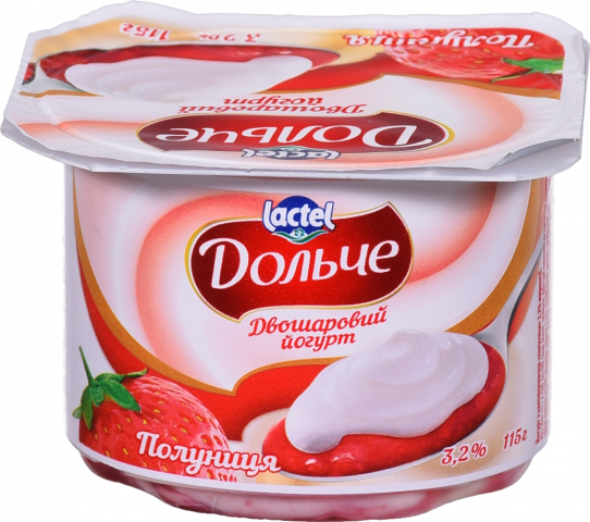 Йогурт Дольче двошаров. 115 г 3,2 Полуниця