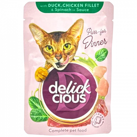Корм д/котів Delickcious 85 г Качка зі шматками курки в шпинатному соусі