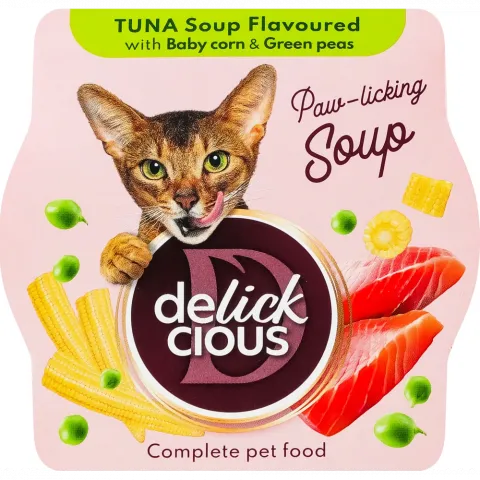 Корм д/котів Delickcious 80 г суп з тунця з додаванням мінікукурудзи та зеленого горошку