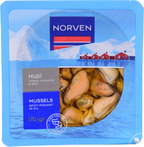 Мідії Norven 170 г пряно-пікантні в олії (термоформа)
