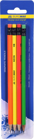 Набір олівців графітових BuroMax 4 шт. неон з гумкою HB блістер BM.8521