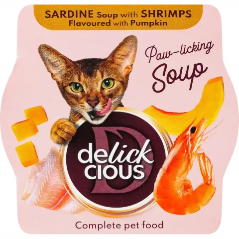 Корм д/котів Delickcious 80 г суп з сардини з креветками та додаванням гарбуза