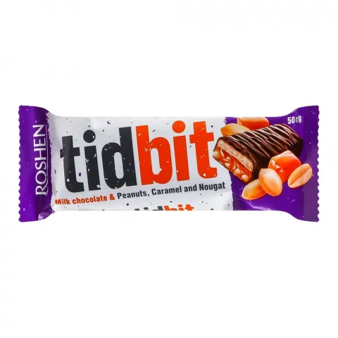 Шок бат. Рошен Тідбіт 50 г мол. з нугою і м`якою карамеллю з арахісом