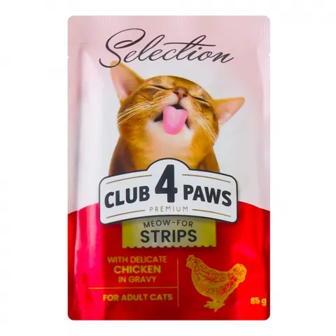 Корм д/котів Клуб 4 лапи 85 г пак. Premium Смужки з куркою в соусі