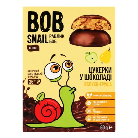 Цукерки Равлик Боб 60 г Яблучно-грушеві в бельг. молоч. шок.
