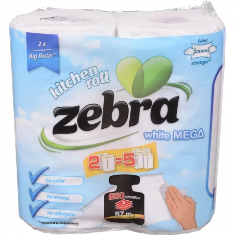 Рушники папер. Zebra Mega 2 рулона по 125 арк., 28,7 м, 3-х шар. И142 (Болгарія)
