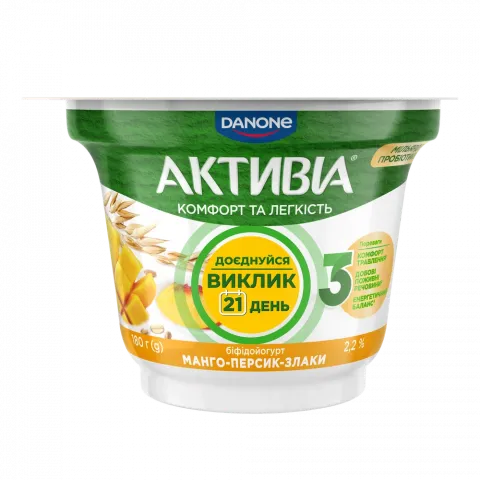 Біфідойогурт Активіа 2,2 180 г стак. Манго-персик-злаки